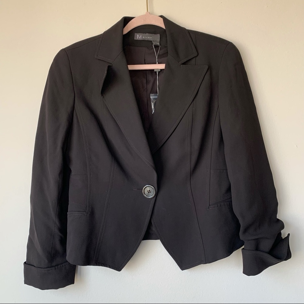 M Siamo Blazer Wool Blend Brown Size 10 Ruched Sleeve Single Button Collared